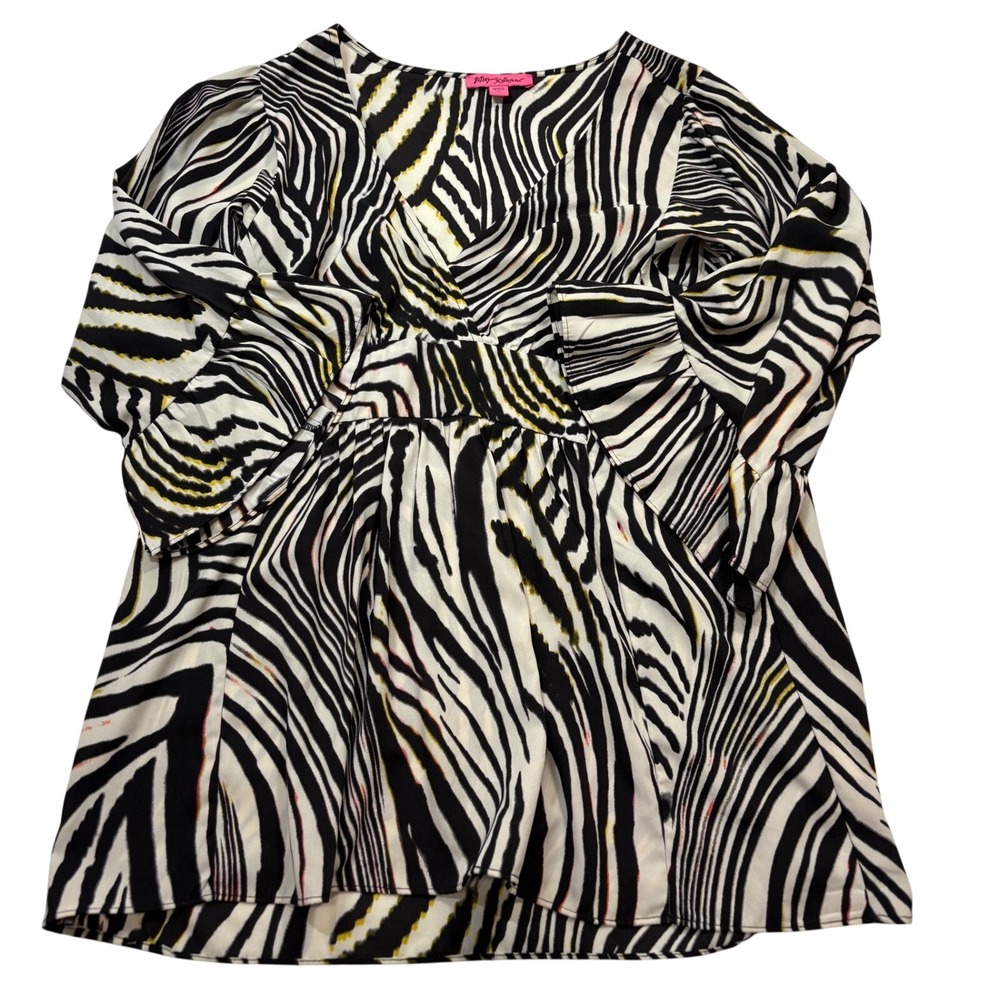 Betsey Johnson Zebra Print V-Neck Empire Waist Bell Sleeve Blouseโ Womens Large